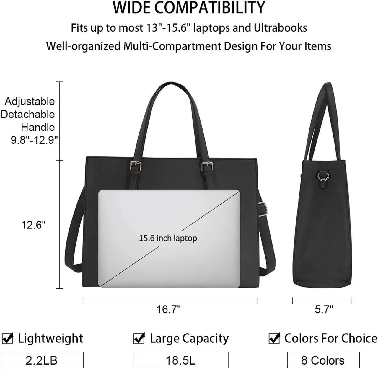 Alt view image 3 of 5 - Laptop Bag for Women Waterproof Lightweight Leather 15.6 Inch Computer Tote Bag Business Office Briefcase Large Capacity Handbag Shoulder Bag Professional Office Work Bag Black