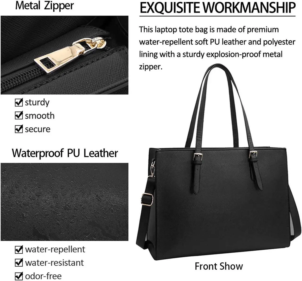 Alt view image 2 of 5 - Laptop Bag for Women Waterproof Lightweight Leather 15.6 Inch Computer Tote Bag Business Office Briefcase Large Capacity Handbag Shoulder Bag Professional Office Work Bag Black