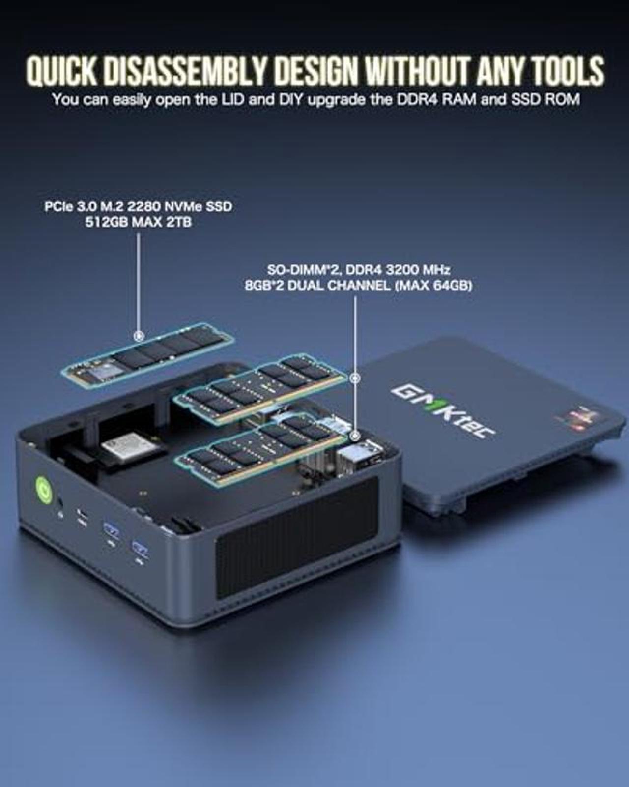 Alt view image 5 of 5 - GMKtec Mini PC AMD Ryzen 7 5825U (Turbo 4.5GHz) Windows 11 Pro Dual NIC 2.5G Gaming Desktop Computers 16GB DDR4 512GB SSD Dual LAN 2.5G/ WiFi 6E, USB3.2, USB-C, BT 5.2, DP, HDMI, Dual Fan