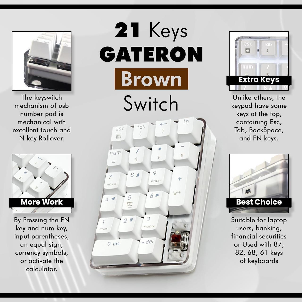 Alt view image 3 of 5 - Qisan Mechanical Numeric Keypad GATERON Brown Switch Wired Crystal Case White Backlit Gaming Keypad 21 Keys Mini Numpad Portable Mechanical Numpad Extended | Laptop Accessories | keypad for Computer
