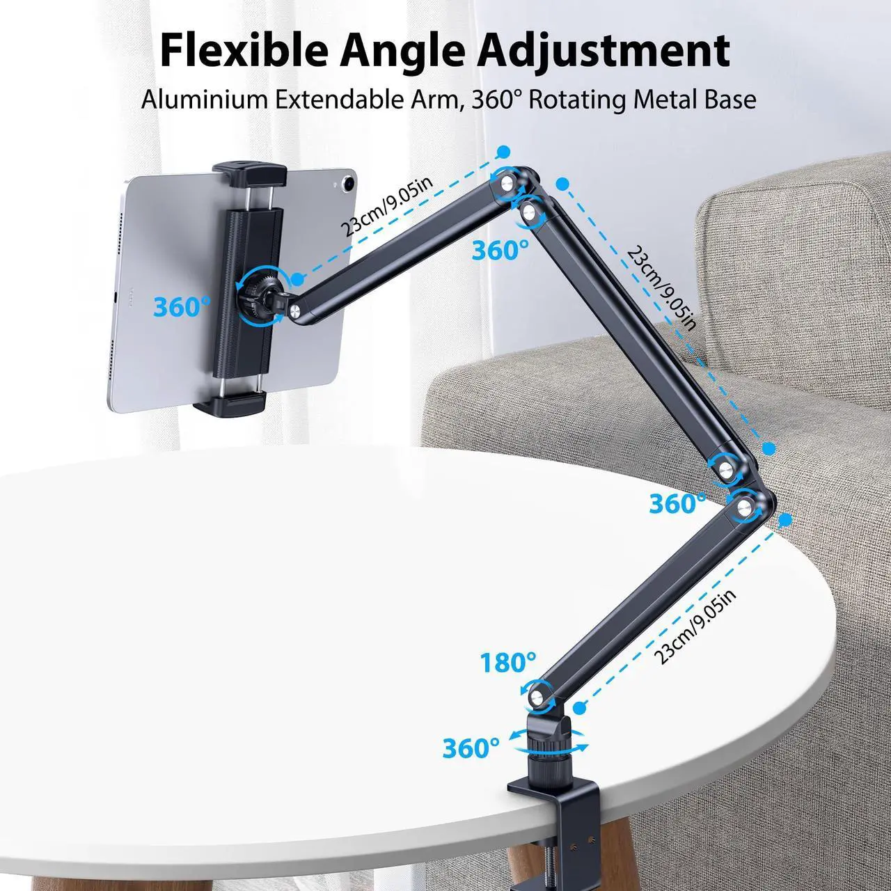 Alt view image 2 of 5 - Tablet Stand Holder, Tablet Extendable Arm Stand for Desk Bed, Aluminum Tablet Desk Mount Holder with 360degRotating Metal Base, Fits for All 4.7-13 Inch Tablet, Phones, Samsung Galaxy, Kindle Fire HD