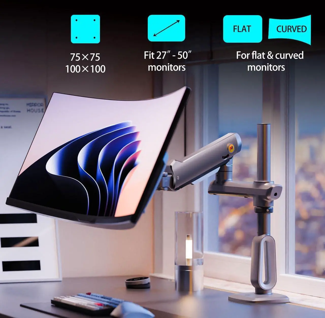 Alt view image 2 of 5 - NB Ergonomic Gaming Monitor Arm for Flat/Ultrawide/Curved Monitors 27 to 50 inch, Heavy Duty Monitor Stand Load up to 18 kg, VESA 75/100 mm Monitor Mount A7