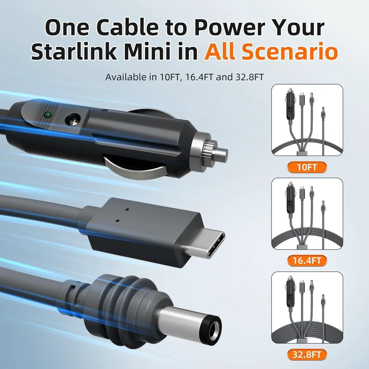 Alt view image 5 of 5 - Starlink Mini 3-in-1 DC Power Cable 16FT, USB-C 12-24V Cigarette Lighter Plug & DC Male Cord Input Power Cable, Waterproof Power Cord Accessories for Starlink Mini