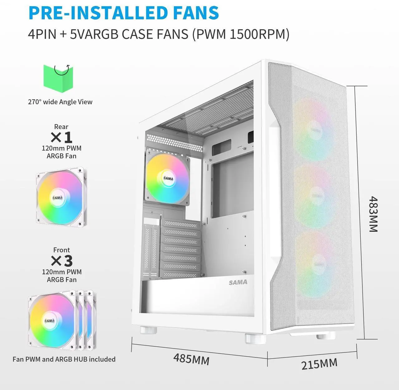 Alt view image 2 of 5 - SAMA S40 Mid Tower Case - High Airflow, 4X 120mm ARGB PWM Fans, Tempered Glass, Mesh Front, Type-C, Supports ATX/M-ATX/ITX & 4090 GPUs - White Computer Case