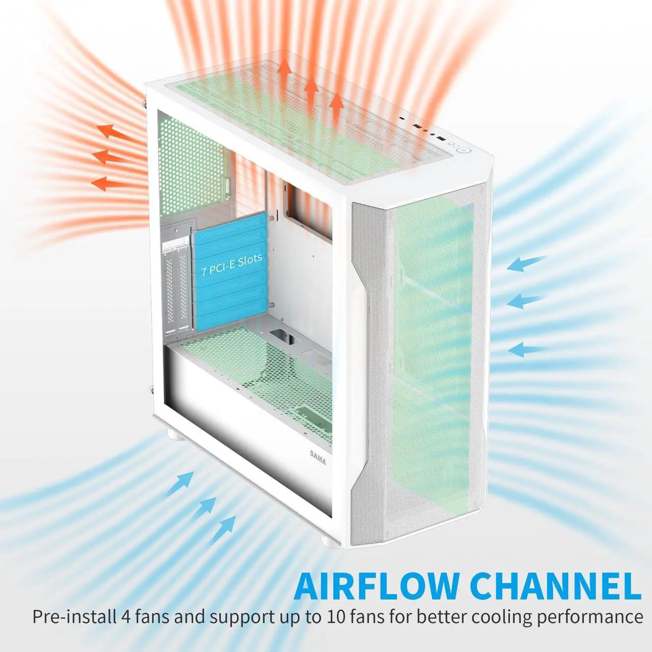 Alt view image 4 of 5 - SAMA S40 Mid Tower Case - High Airflow, 4X 120mm ARGB PWM Fans, Tempered Glass, Mesh Front, Type-C, Supports ATX/M-ATX/ITX & 4090 GPUs - White Computer Case