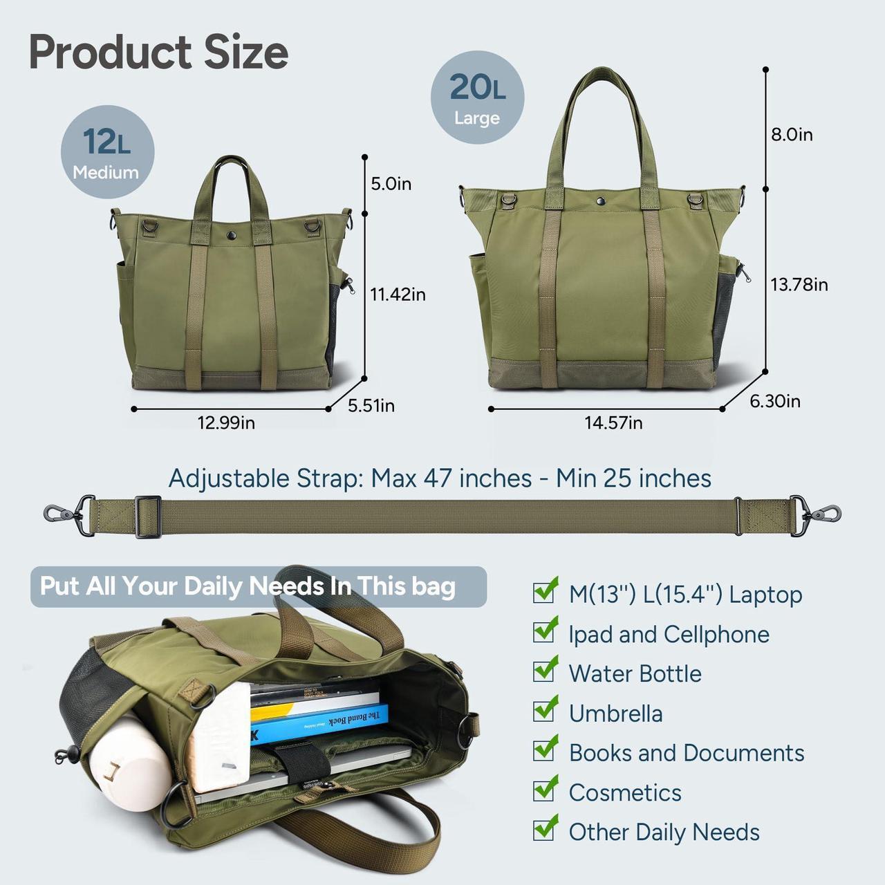 Alt view image 4 of 5 - travel inspira Laptop Bag for Women/Men 13''/15.6'' Laptop Travel Tote Bag, Waterproof Computer Work Bag with Reinforced Bottom, Professional Shoulder Handbag for Teacher Office Business, Army Green