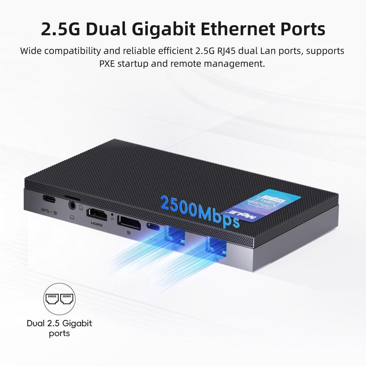 Alt view image 3 of 5 - MeLE QuieterDL Mini PC, Dual LAN 2.5G, N100 Fanless Mini Computers, 16GB 4266MHz LPDDR4x, 512GB SSD, Full-Function USB-C,4K Triple Display Desktop PC on Office, Education, Industrial,Astrophotography