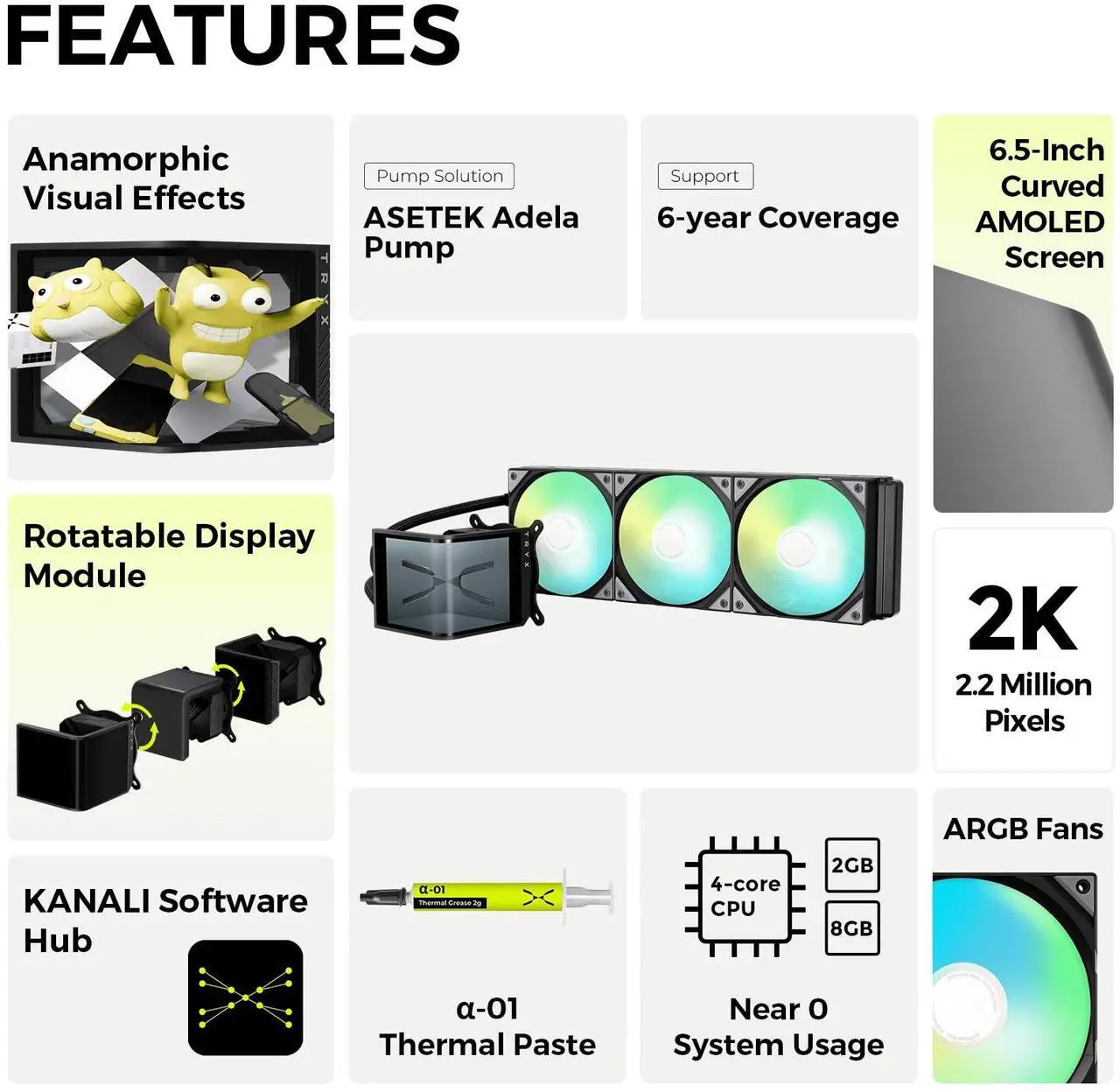 Alt view image 2 of 5 - TRYX Panorama SE 360 ARGB 360mm AIO Rotatable 6.5'' AMOLED Curved Screen 3D Anamorphic Effect Customizable AIO Cooler 360mm Asetek Adela 280w TDP ARGB Fan Intel LGA 1851/1700/1200/115X AMD AM5/AM4