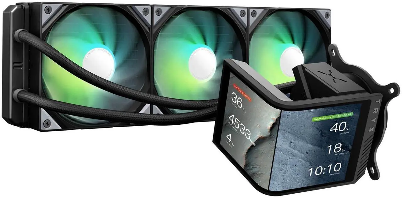 Main image of TRYX Panorama SE 360 ARGB 360mm AIO Rotatable 6.5'' AMOLED Curved Screen 3D Anamorphic Effect Customizable AIO Cooler 360mm Asetek Adela 280w TDP ARGB Fan Intel LGA 1851/1700/1200/115X AMD AM5/AM4