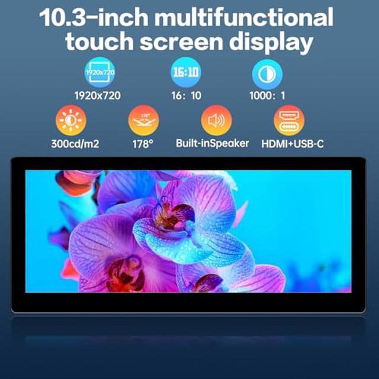 Alt view image 2 of 5 - Ulrhzar 10.3 Inch Touch Screen Portable Monitor IPS1920x720 60Hz 10-Point Touch Stretched Bar with Speakers, HDMI Type-C Mini Small Extension Touchscreen Monitor for Mac Laptop, PC, Switch