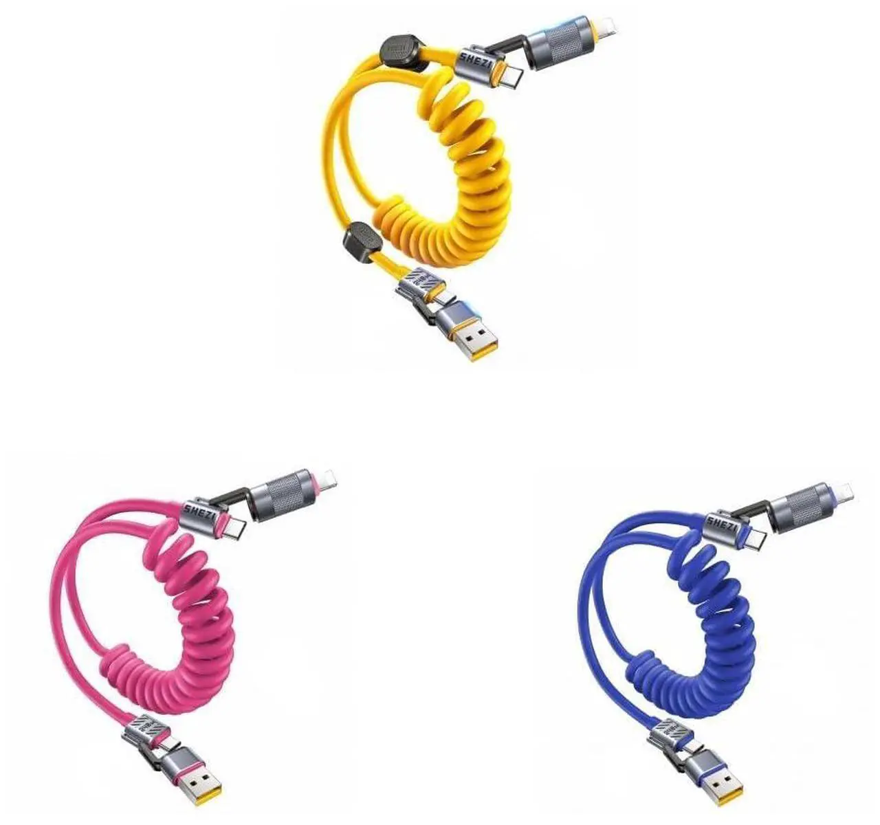 Main image of Vexipia 4-in-1 Coiled 5FT 240W USB C Cable (Blue & Pink) with Coiled 5FT 240W USB C Cable with Magnetic Organizer (Yellow) Bundle