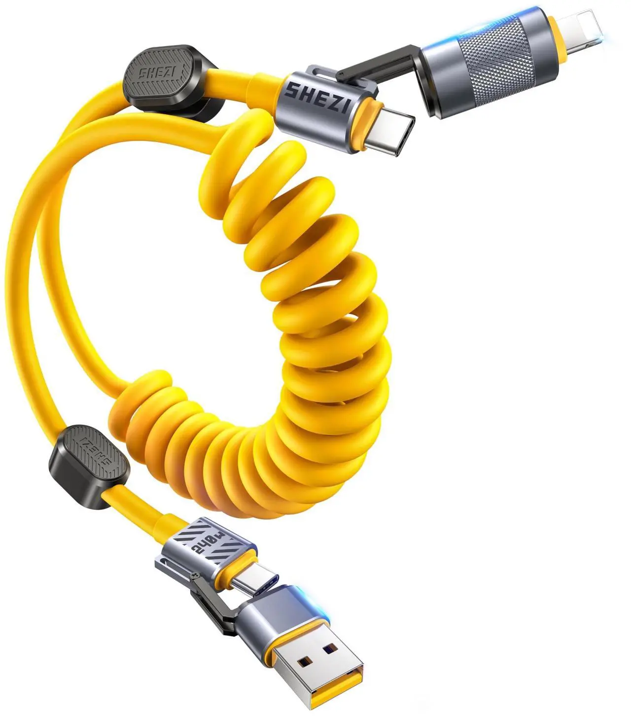 Alt view image 2 of 5 - Vexipia 4-in-1 Coiled 5FT 240W USB C Cable (Blue & Pink) with Coiled 5FT 240W USB C Cable with Magnetic Organizer (Yellow) Bundle