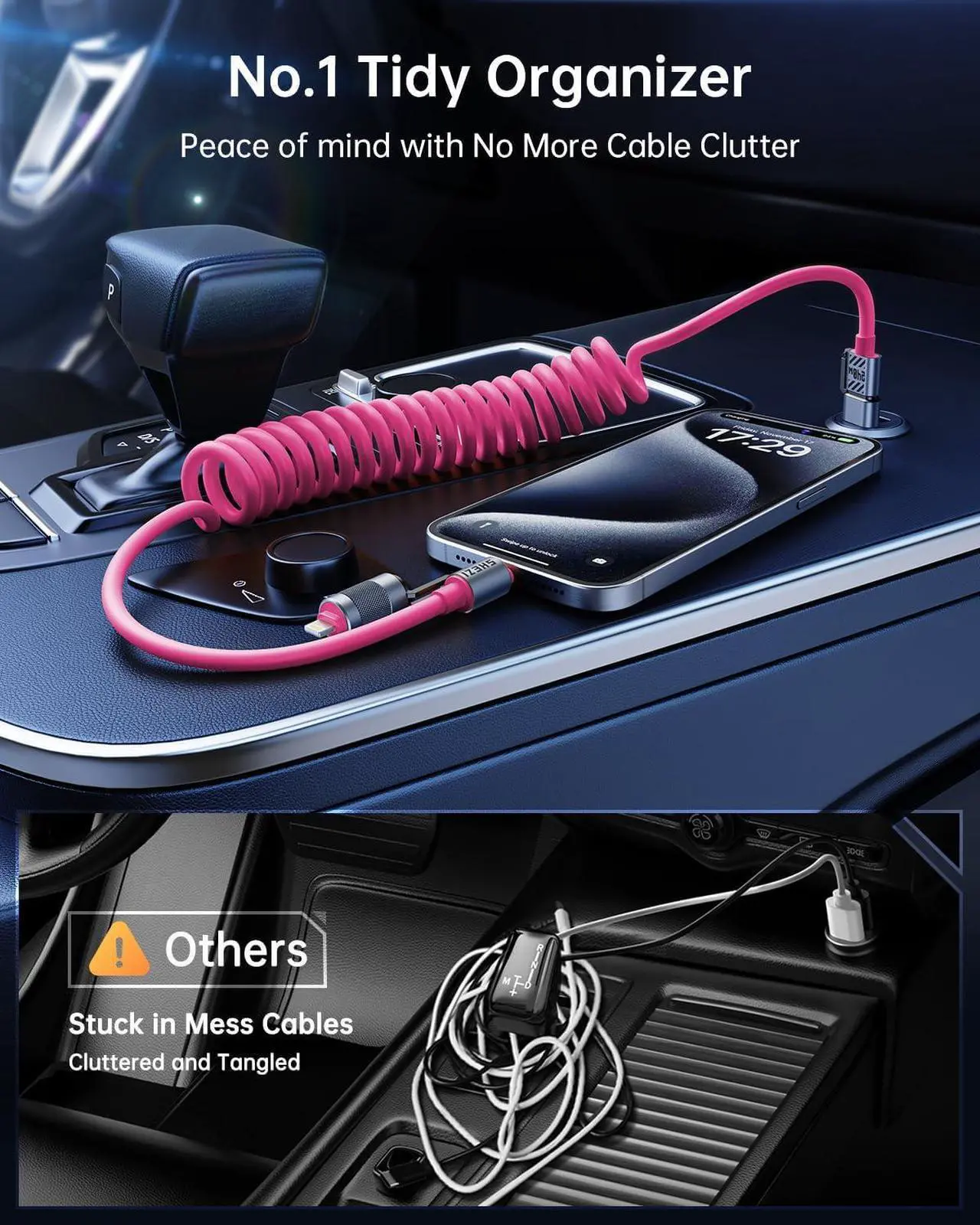 Alt view image 5 of 5 - Vexipia 4-in-1 Coiled 5FT 240W USB C Cable (Blue & Pink) with Coiled 5FT 240W USB C Cable with Magnetic Organizer (Yellow) Bundle