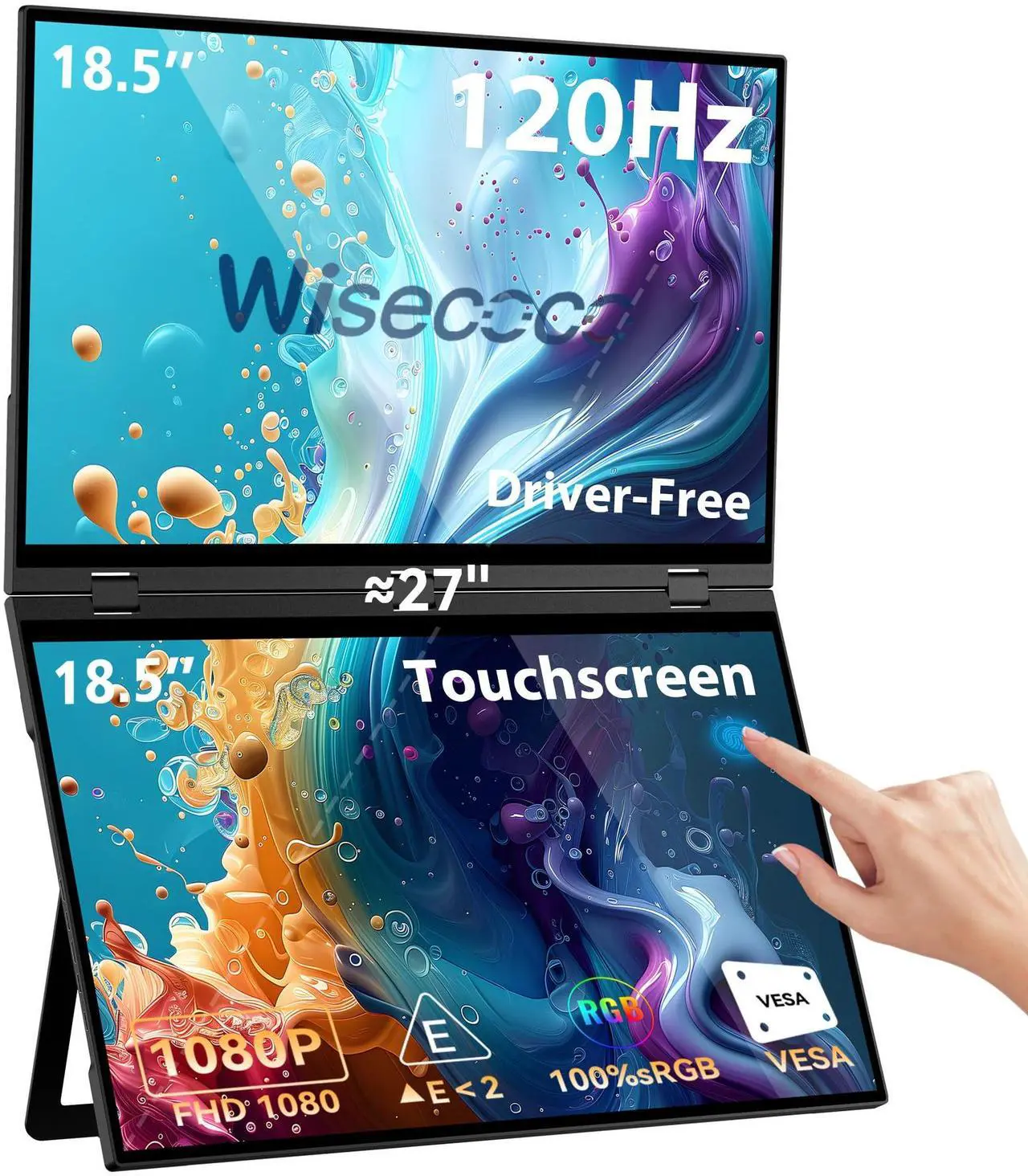 Main image of wisecoco 18.5'' 120Hz FHD 1080P Touch Screen Dual Triple Portable Monitor IPS USB-C HDMI HDR Secondary Display Foldable Laptop PC Gaming Monitor 100% sRGB Windows Mac Android Plug&Play Flip S8+