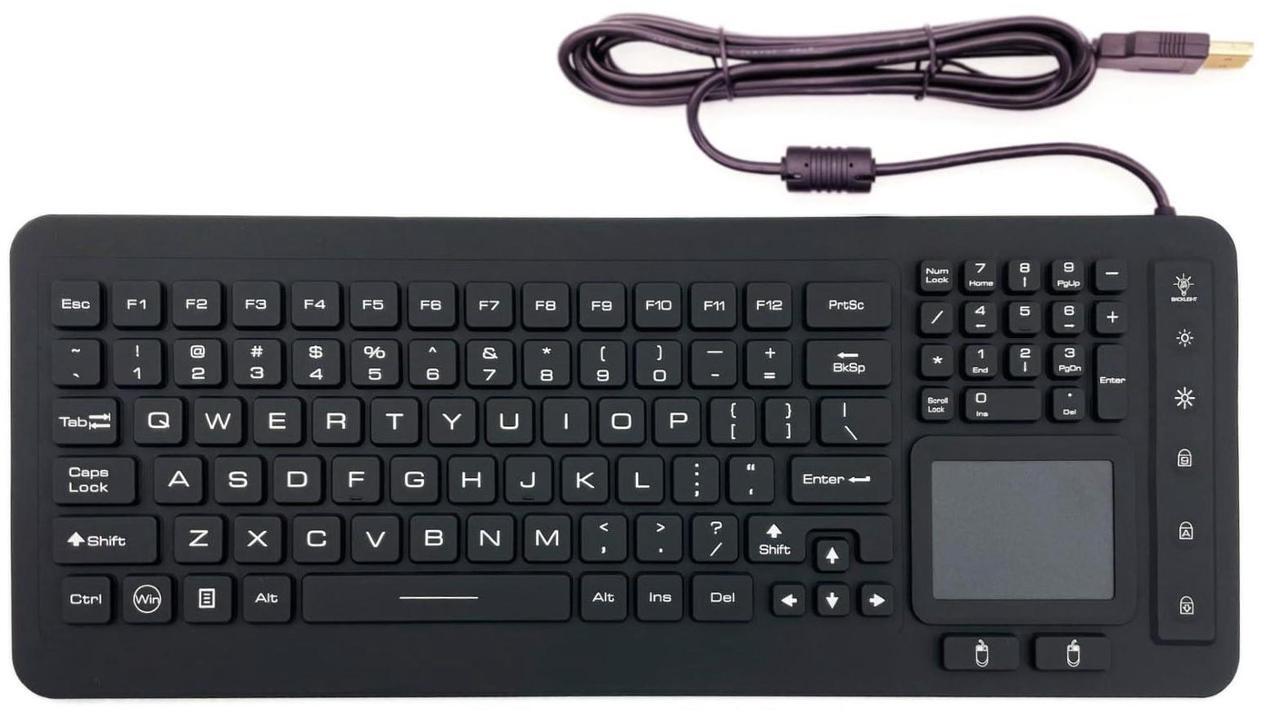 Alt view image 2 of 5 - DSI Industrial Medical IP68 Waterproof Keyboard Disinfectant Silicone Light Guide Panel Backlight with Touchpad IKB98BL