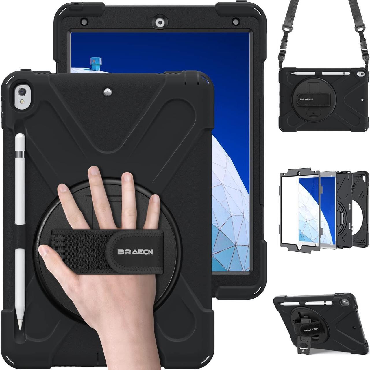 Main image of BRAECN for iPad Air 3 10.5 Case 2019,iPad Pro 10.5 Case 2017- Heavy Duty Shockproof Case Cover with Pencil Holder,Rotating Stand/Hand Strap,Carrying Shoulder Strap Fit iPad Air 3rd Gen Case 10.5-Black
