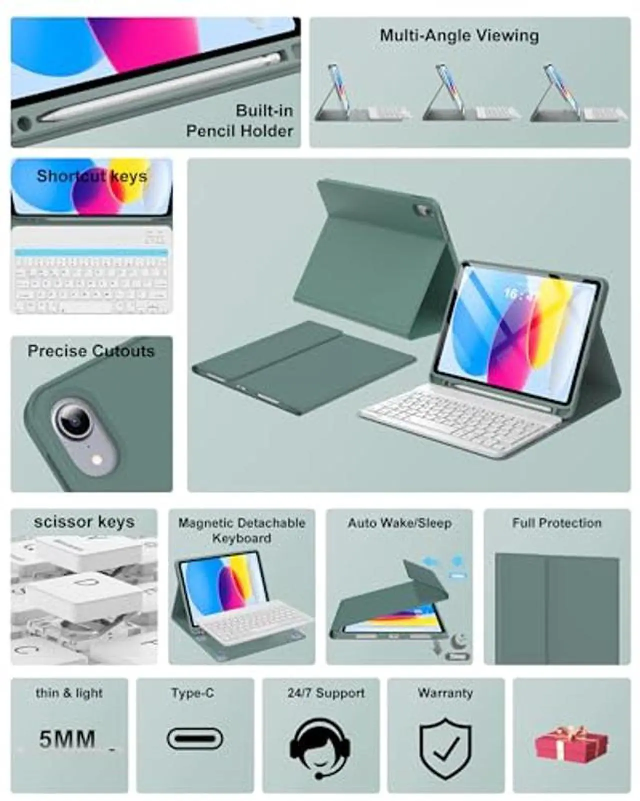 Alt view image 3 of 5 - Keyboard Case for iPad 10th Generation 2022 10.9-inch - Rechargeable Detachable Wireless Bluetooth Keyboard - Smart Folio Cover with Pencil Holder for 10.9 inch Apple iPad 10th Generation, Dark Green