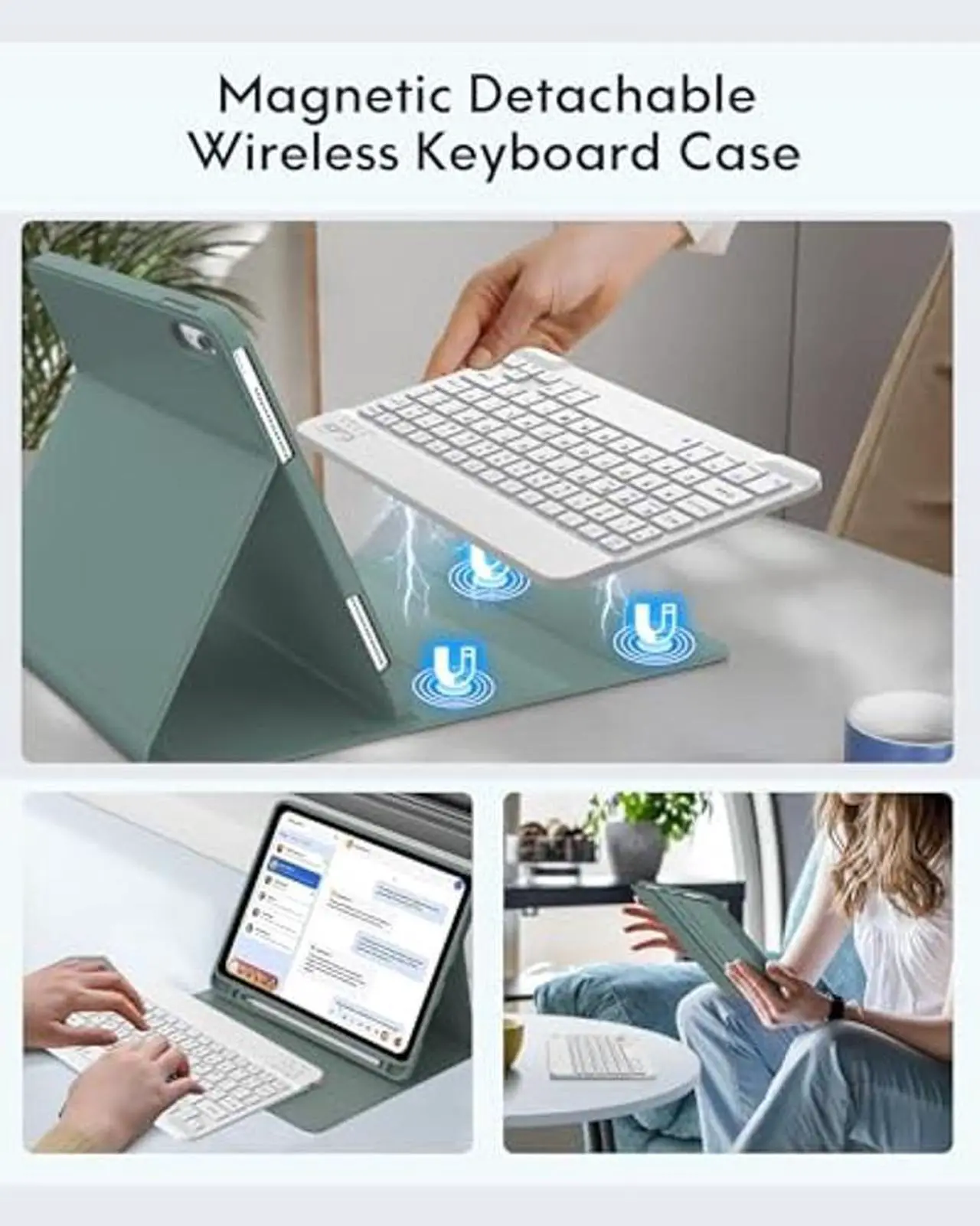 Alt view image 4 of 5 - Keyboard Case for iPad 10th Generation 2022 10.9-inch - Rechargeable Detachable Wireless Bluetooth Keyboard - Smart Folio Cover with Pencil Holder for 10.9 inch Apple iPad 10th Generation, Dark Green