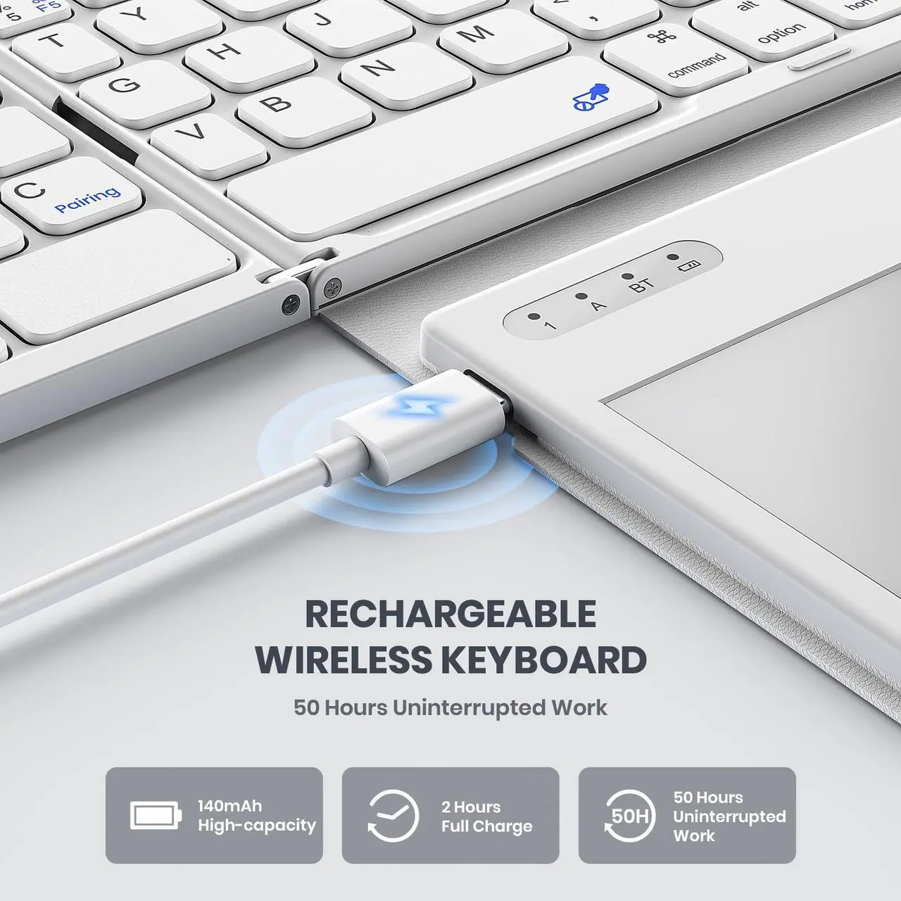 Alt view image 5 of 5 - GEODMAER Foldable Bluetooth Keyboard, Portable Full Size Folding Keyboard with Large Touchpad, Numeric Keypad, PU Leather, Wireless Travel Keyboard for Windows Android Mac(White)