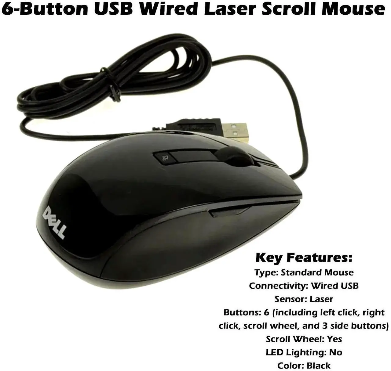 Main image of Dell USB Wired Laser Mouse 6-Button Scroll Wheel Black J660D V7623 Lot of 3
