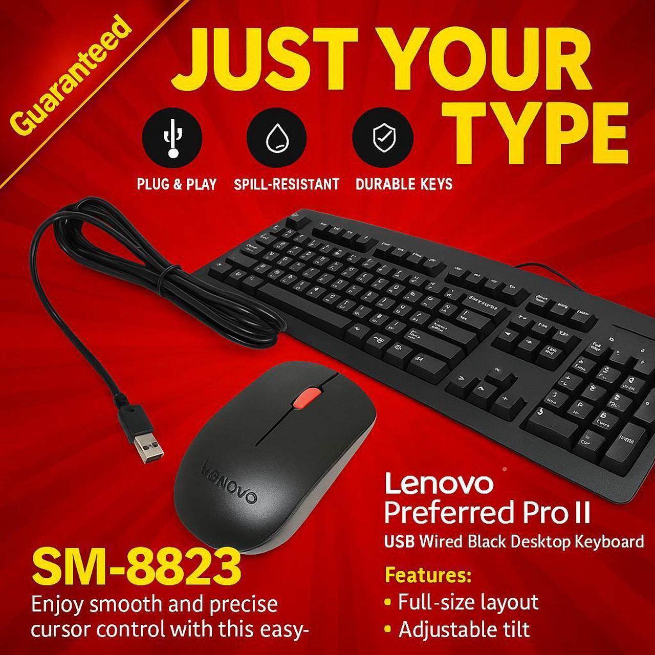 Alt view image 2 of 7 - Lenovo Essential Wired Keyboard and Mouse Combo 00XH688 + 00PH133 - USB, Full-Size, Spill-Resistant, Optical Mouse