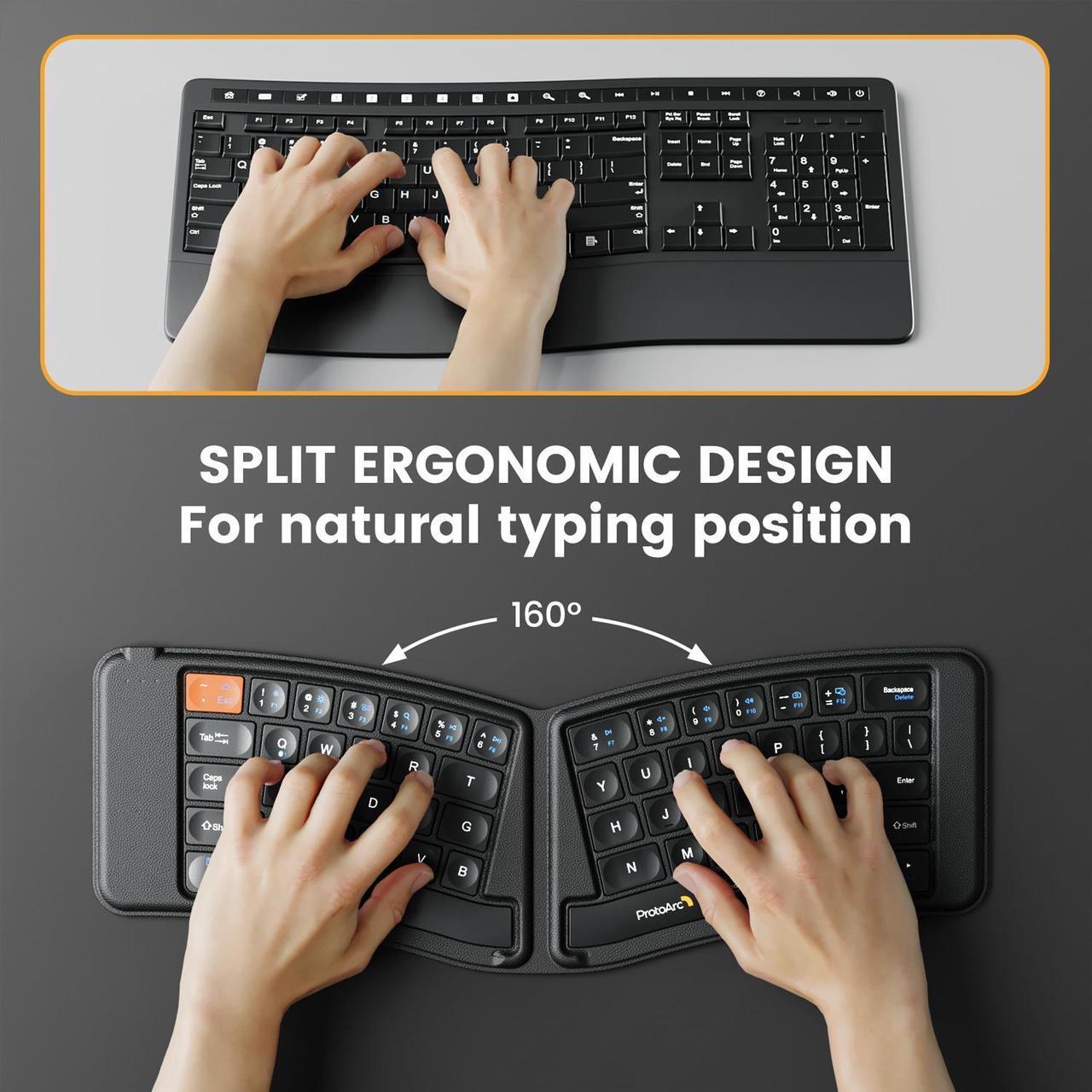 Alt view image 3 of 7 - ProtoArc Ergonomic Foldable Keyboard, XK03 Ultra Slim Travel Keyboard, Portable Bluetooth Keyboard with Full Size Keys, PU Leather Split Folding Keyboard for iOS Android Windows Laptop PC iPad iPhone