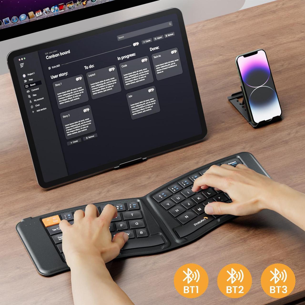 Alt view image 2 of 7 - ProtoArc Ergonomic Foldable Keyboard, XK03 Ultra Slim Travel Keyboard, Portable Bluetooth Keyboard with Full Size Keys, PU Leather Split Folding Keyboard for iOS Android Windows Laptop PC iPad iPhone