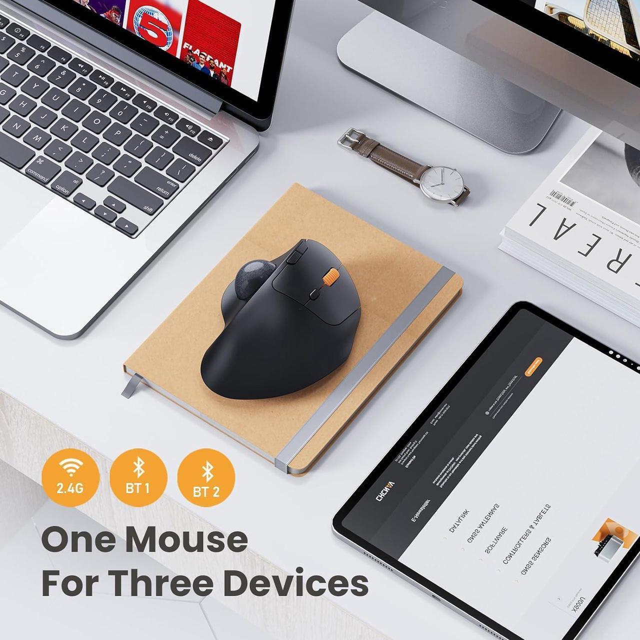 Alt view image 4 of 7 - ProtoArc Wireless Trackball Mouse, EM04 Ergonomic Bluetooth Rollerball Mouse Rechargeable Computer Laptop Mouse, Thumb Control & 3 Device Connection, Compatible with PC, iPad, Mac, Windows Purple
