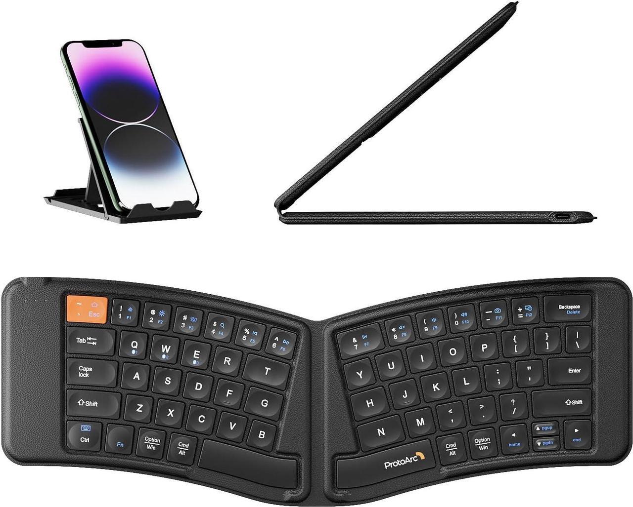 Main image of ProtoArc Ergonomic Foldable Keyboard, XK03 Ultra Slim Travel Keyboard, Portable Bluetooth Keyboard with Full Size Keys, PU Leather Split Folding Keyboard for iOS Android Windows Laptop PC iPad iPhone