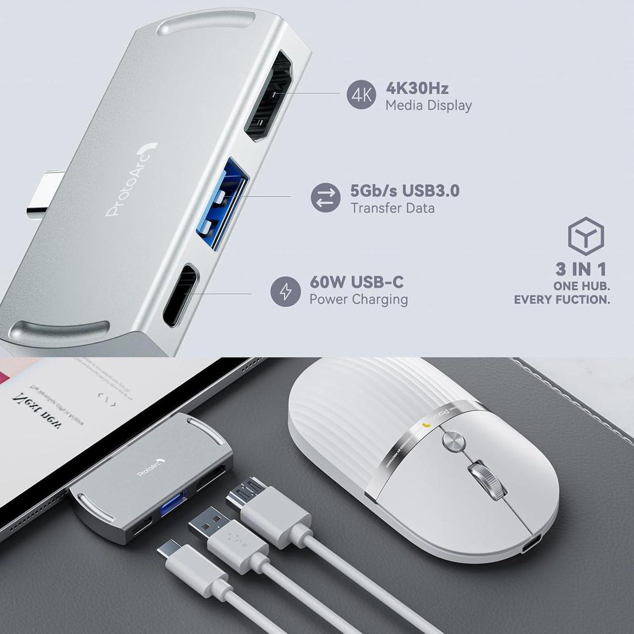 Alt view image 2 of 7 - ProtoArc USB C Wireless Bluetooth Mouse, Multi-Device HubMouse with Type C Hub Portable Silent Rechargeable Computer Laptop Mouse for iPad, PC, Tablet, MacBook, Surface Pro-Silver