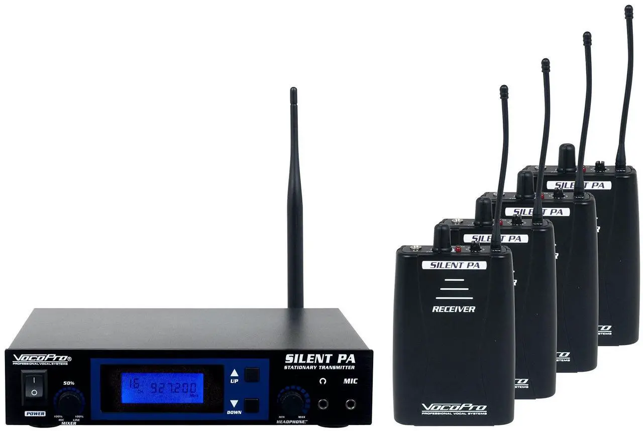 Alt view image 14 of 14 - VocoPro SilentPA-PRACTICE 16CH UHF Wireless Audio Broadcast System (Stationary Transmitter with four bodypack receivers)