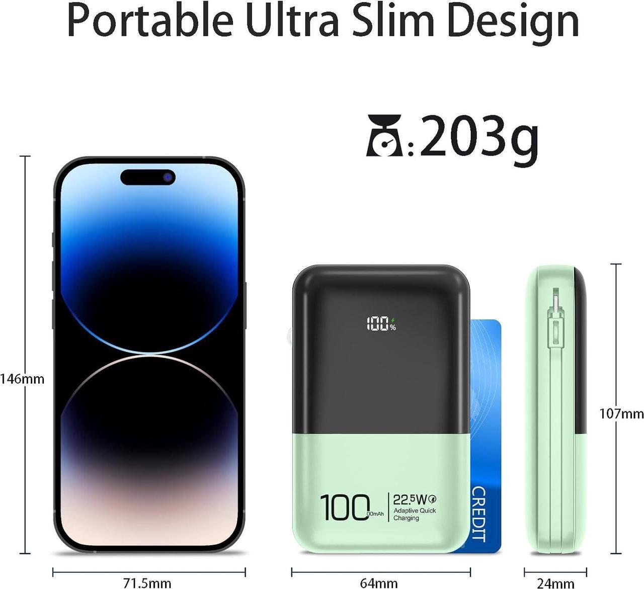 Alt view image 5 of 7 - JONKUU Mini Power Bank 10000mAh with Built in Cables 22.5W PD USB C Ultra-Fast Large Capacity Portable Charger Compatible with iPhone Samsung Huawei iPad and More (Green)