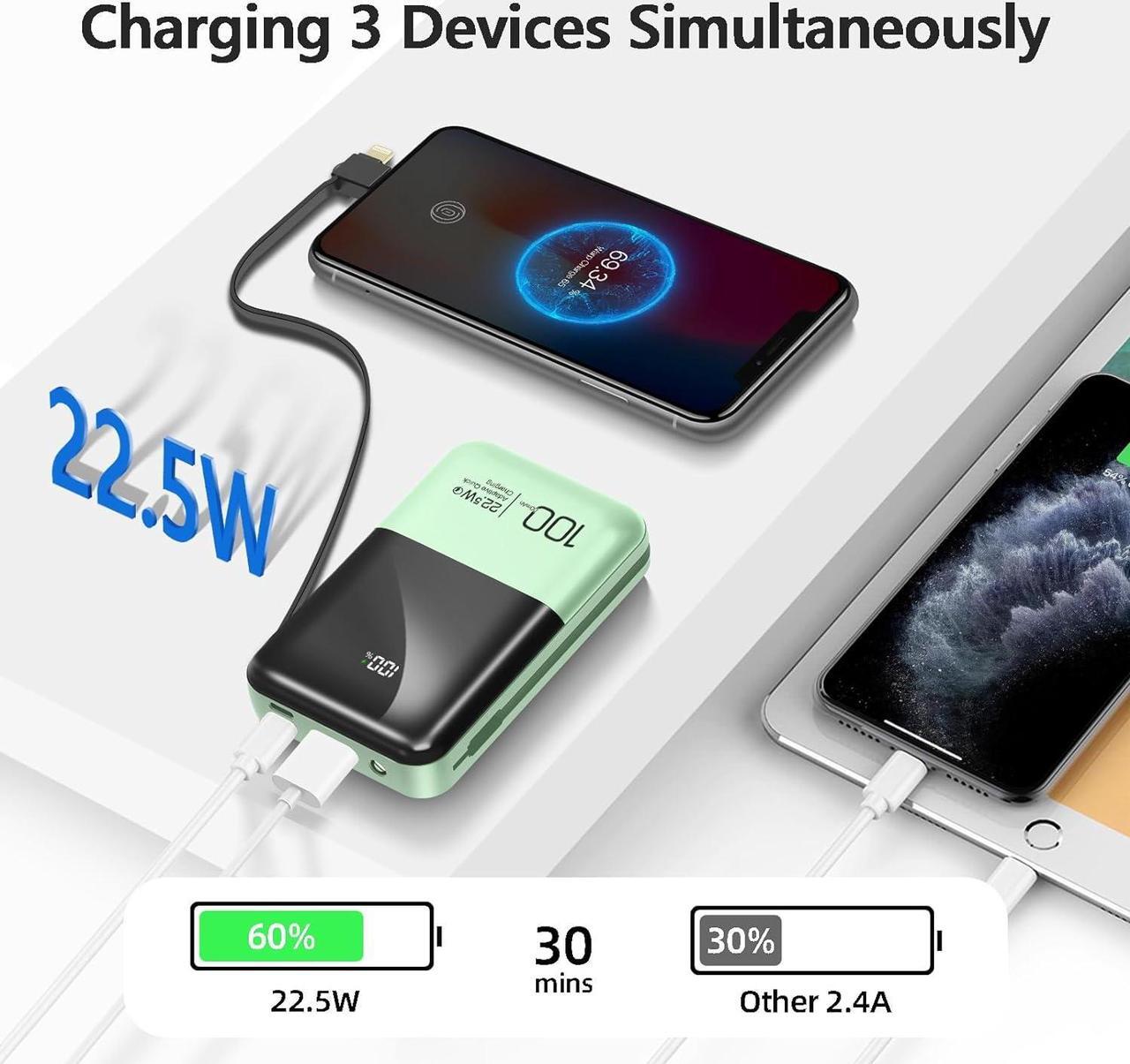 Alt view image 3 of 7 - JONKUU Mini Power Bank 10000mAh with Built in Cables 22.5W PD USB C Ultra-Fast Large Capacity Portable Charger Compatible with iPhone Samsung Huawei iPad and More (Green)