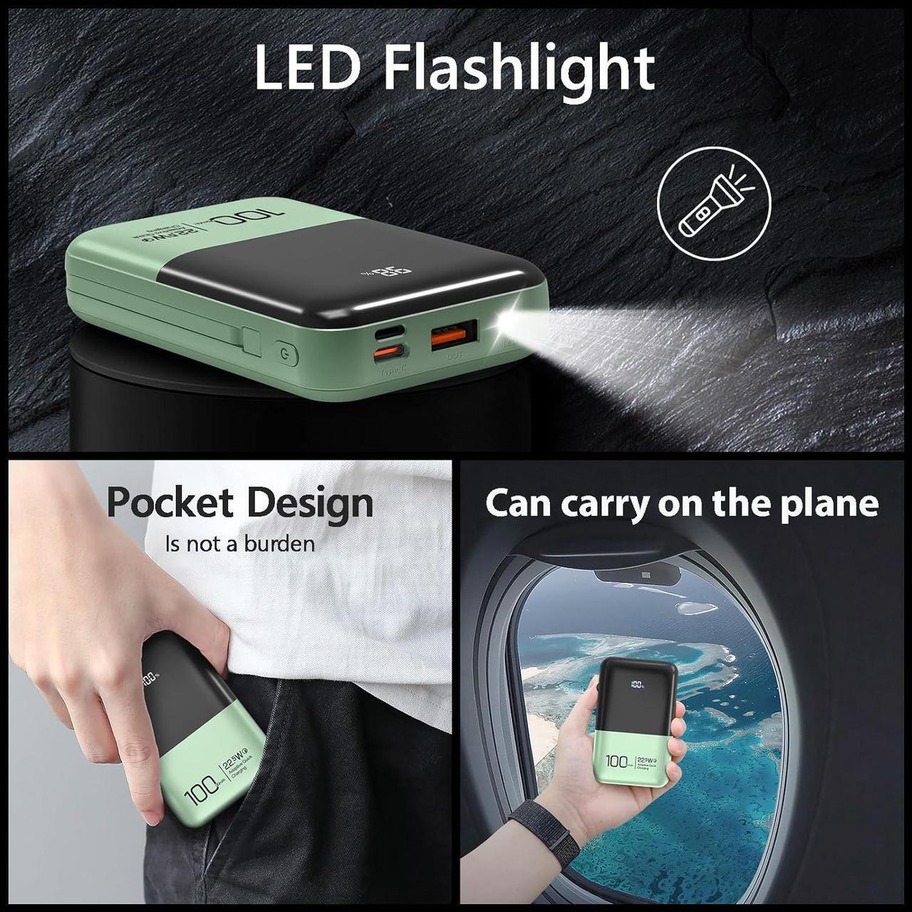 Alt view image 6 of 7 - JONKUU Mini Power Bank 10000mAh with Built in Cables 22.5W PD USB C Ultra-Fast Large Capacity Portable Charger Compatible with iPhone Samsung Huawei iPad and More (Green)