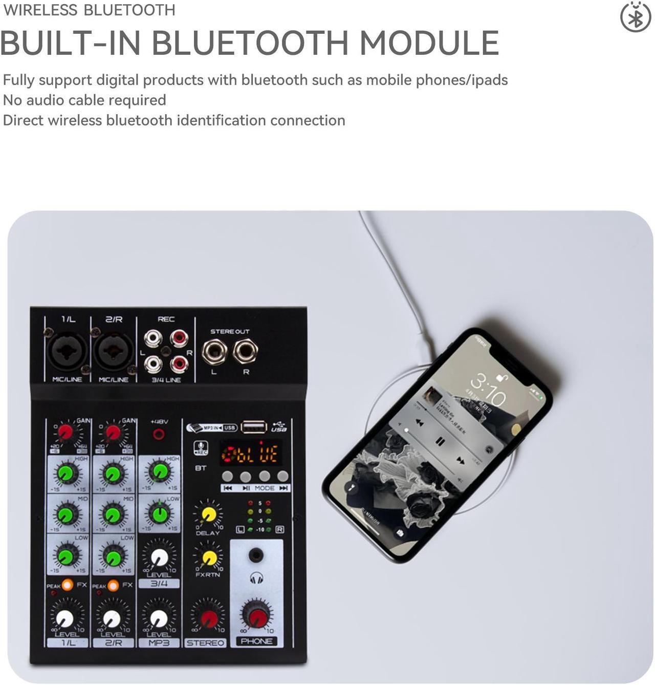 Alt view image 5 of 7 - COKYISS Audio Mixer, 4 Channel Multi-Functional Audio Mixer with Bluetooth Reverb Effect, Suitable for Home Studio Recording and Stage Performances
