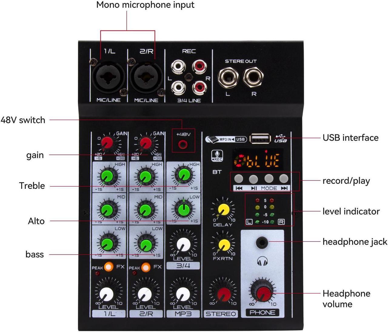 Alt view image 7 of 7 - COKYISS Audio Mixer, 4 Channel Multi-Functional Audio Mixer with Bluetooth Reverb Effect, Suitable for Home Studio Recording and Stage Performances