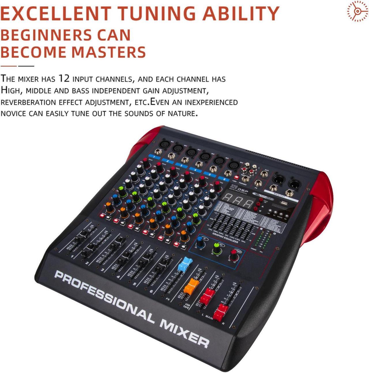 Alt view image 6 of 7 - COKYISS Professional 6-Way Mixer, Built-in Bluetooth with 99DPS Reverberation Effect, USB Playback Stage Performance, Integrated Mixer with Amplifier