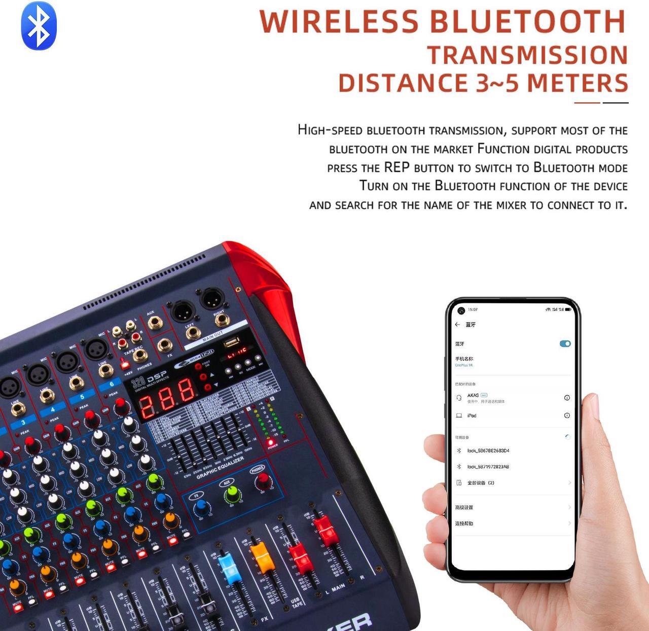 Alt view image 2 of 7 - COKYISS Professional 6-Way Mixer, Built-in Bluetooth with 99DPS Reverberation Effect, USB Playback Stage Performance, Integrated Mixer with Amplifier