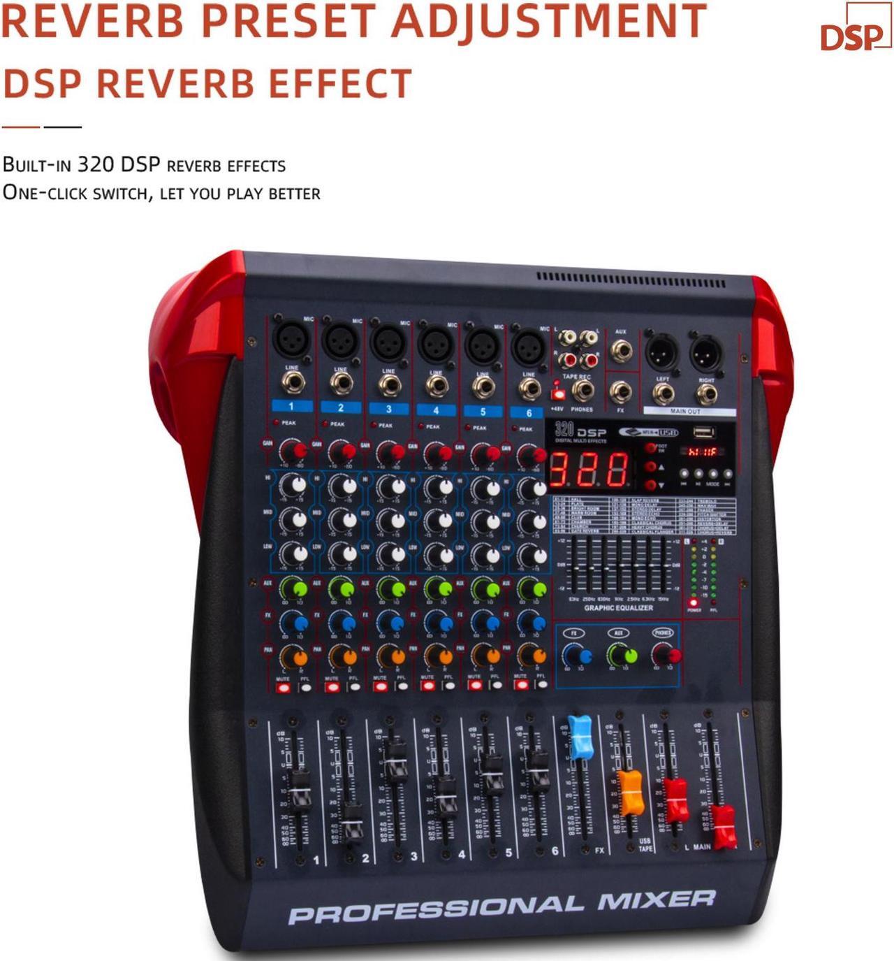 Alt view image 4 of 7 - COKYISS Professional 6-Way Mixer, Built-in Bluetooth with 99DPS Reverberation Effect, USB Playback Stage Performance, Integrated Mixer with Amplifier