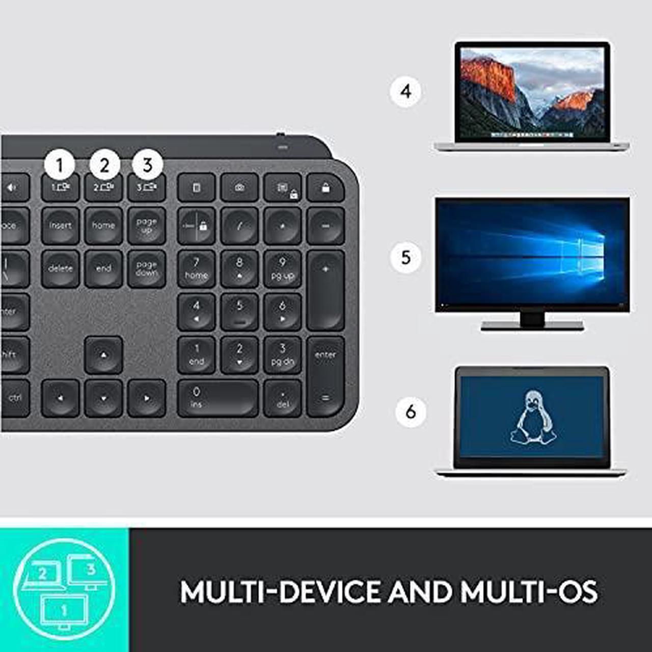 Alt view image 6 of 9 - Logitech MX Keys Advanced Wireless Illuminated Keyboard, Tactile Responsive Typing, Backlighting, Bluetooth, USB-C, Apple macOS, Microsoft Windows, Linux, iOS, Android, Metal Build - Graphite