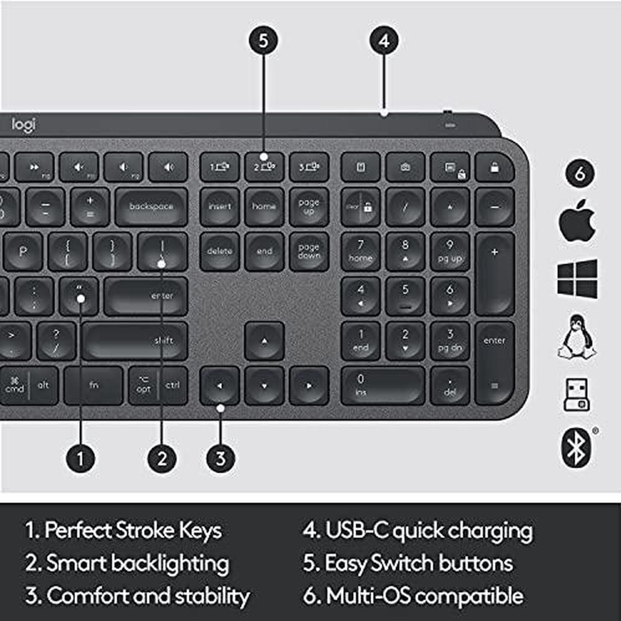 Alt view image 7 of 9 - Logitech MX Keys Advanced Wireless Illuminated Keyboard, Tactile Responsive Typing, Backlighting, Bluetooth, USB-C, Apple macOS, Microsoft Windows, Linux, iOS, Android, Metal Build - Graphite