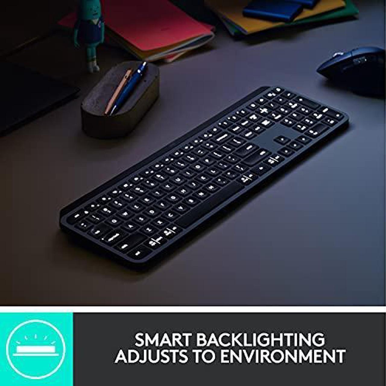 Alt view image 9 of 9 - Logitech MX Keys Advanced Wireless Illuminated Keyboard, Tactile Responsive Typing, Backlighting, Bluetooth, USB-C, Apple macOS, Microsoft Windows, Linux, iOS, Android, Metal Build - Graphite