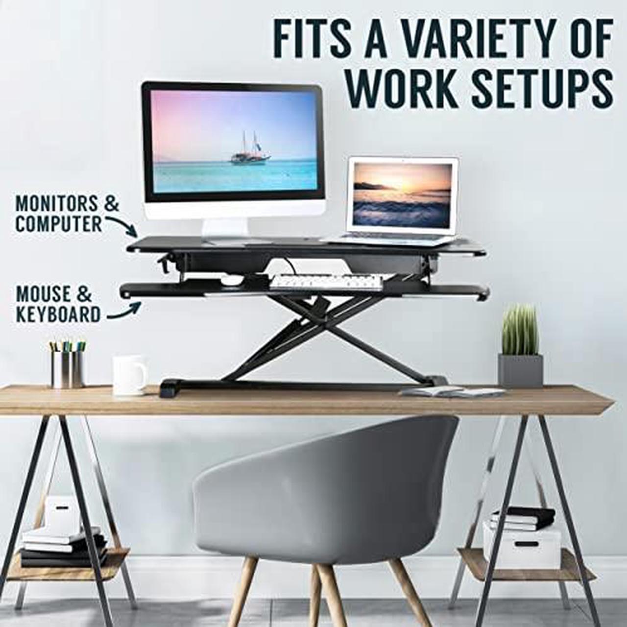 Alt view image 6 of 14 - Standing Desk Converter Computer Table: Stand Up Desk Riser - Sit Stand Desk - 37" Wide Dual Monitor Desktop for Standing Desks - Height Adjustable Desk Workstation Converts to a Standup Desk - White