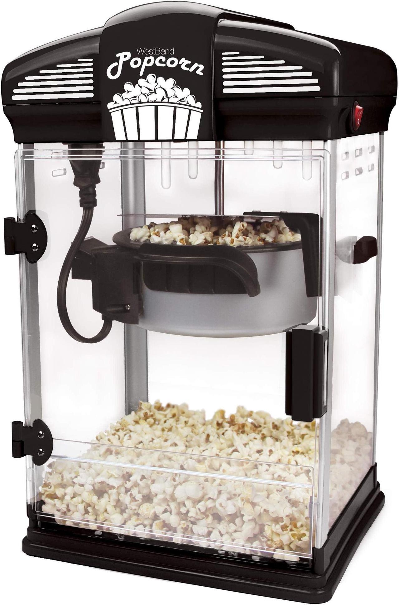 West Bend 82515B Hot Oil Movie Theater Style Popcorn Popper Machine with Nonstick Kettle Includes Measuring Cup Oil and Popcorn Scoop, 4-Quart, Black