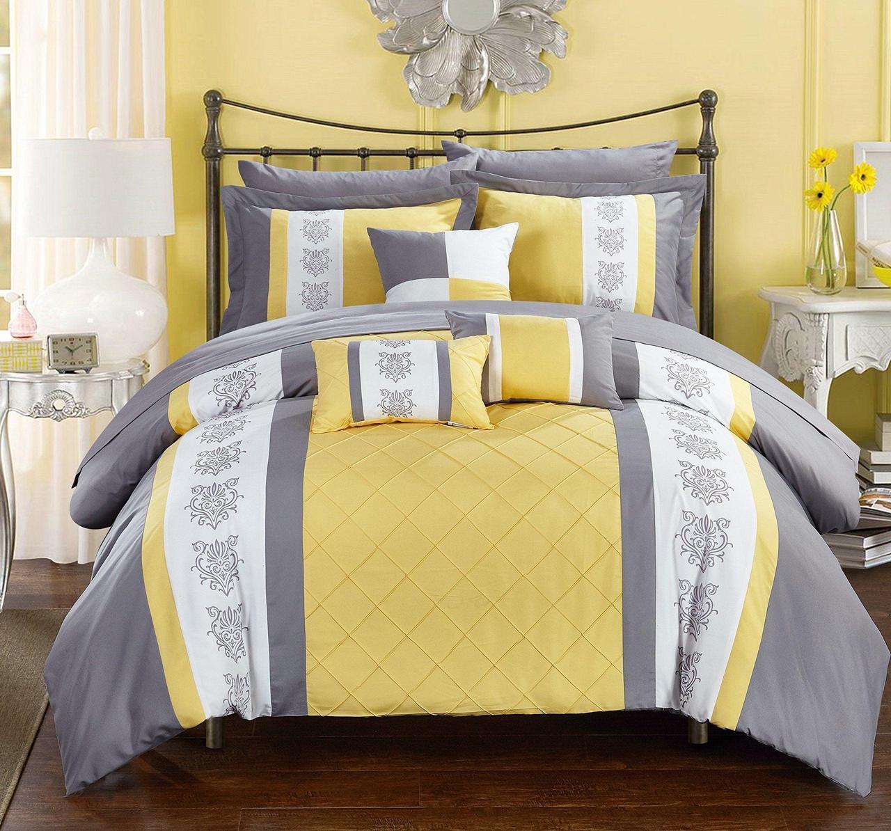 Chic Home 10 Piece Clayton Pin Tuck Pieced Block Embroidery Bed with Sheet Set, King, Yellow