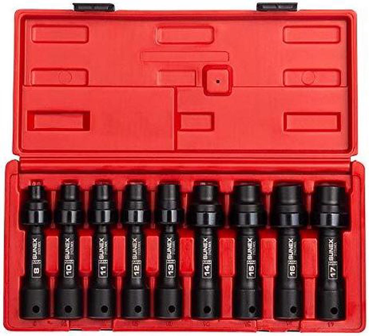 Sunex 2695, ½ Inch Drive Driveline Limited Clearance Socket Set, 12-Point, 9-Piece, Metric, 8mm-17mm, Cr-Mo Steel, Heavy Duty Storage Case