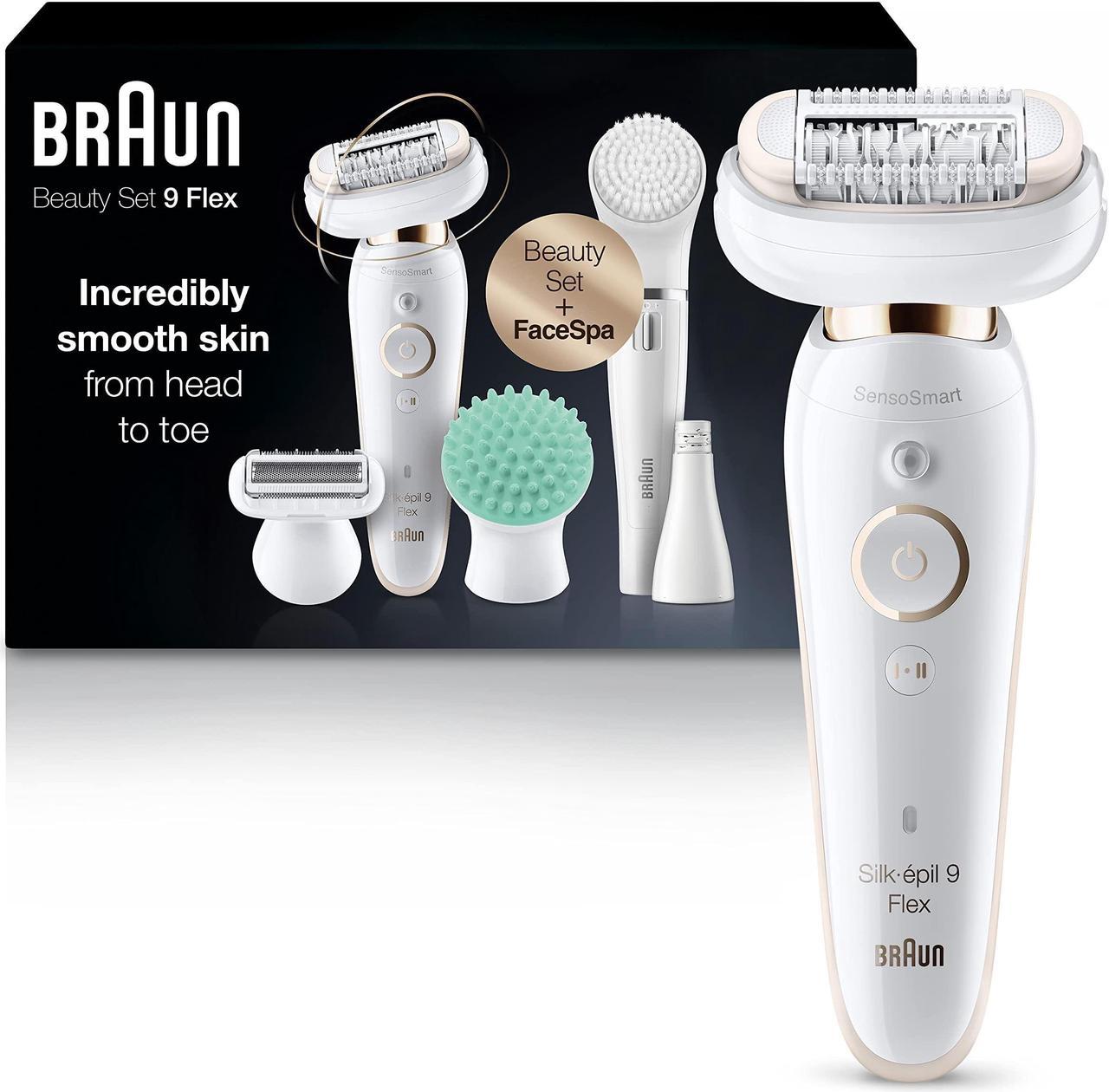 Braun Silk-epil 9 Flex 9-300 Beauty Set - Epilator for Women With Flexible Head for Easier Hair Removal, White/gold, 1 Count [packing may vary]