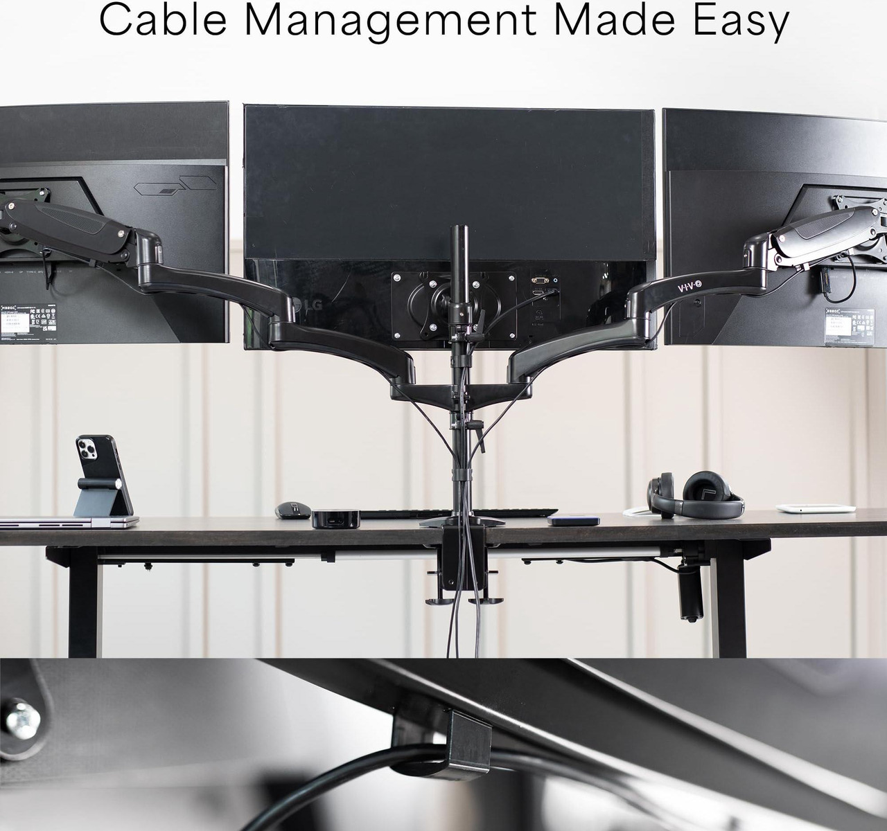 VIVO Triple Monitor Desk Mount, 2 Pneumatic Arms + 1 Fixed, Heavy Duty ...
