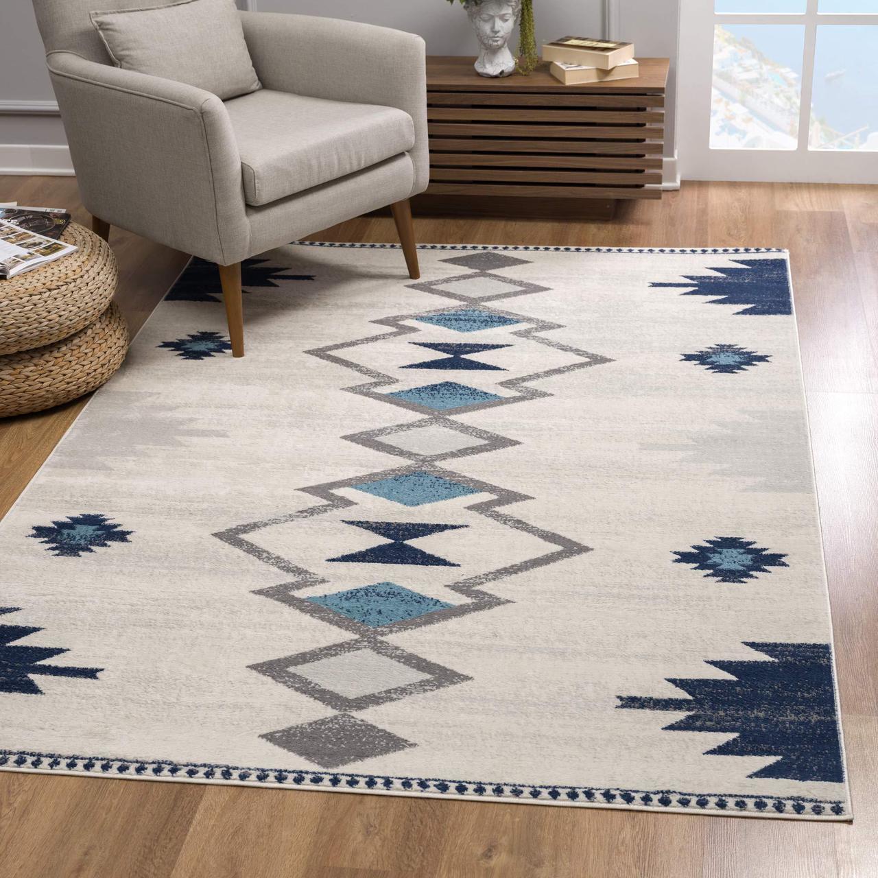 Rug Branch Savannah 5' x 7' (5'3" X 7'7") Boho Indoor Area Rug, Contemporary, Blue Beige - Living Room, Bedroom, Dining Room, and Kitchen