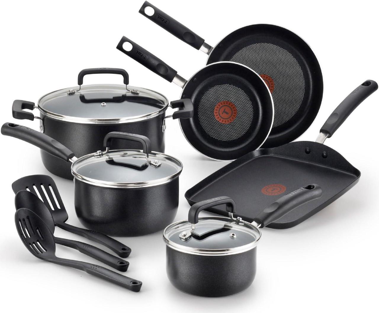 T-Fal C111SC74 Signature Nonstick Expert Easy Clean Interior Thermo-Spot Heat Indicator Dishwasher Safe PFOA Free/Oven Safe Cookware Set, 12-Piece, Black